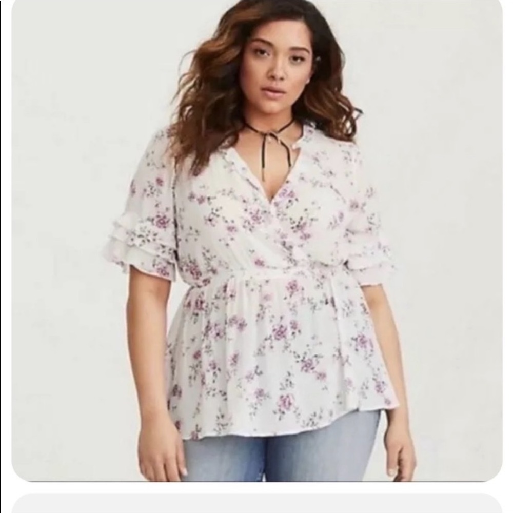 Torrid Semi-Sheer White with Purple Floral Top